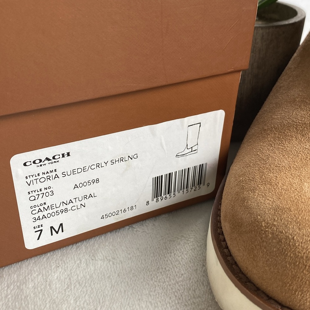 Coach Vitoria Suede Faux Curly Shearling Mid Calf Boots | Camel/Natural - Picture 15 of 15